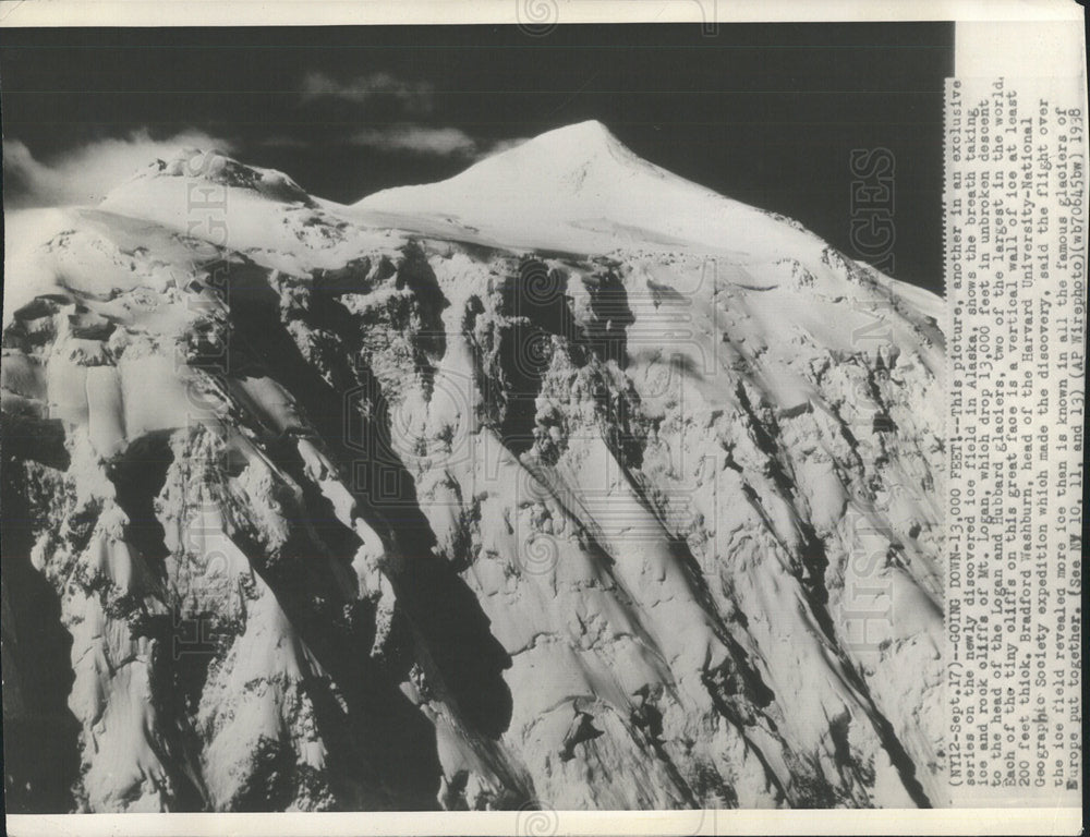 1939 Press Photo Ice Field Alaska Rock Cliffs Loga - Historic Images