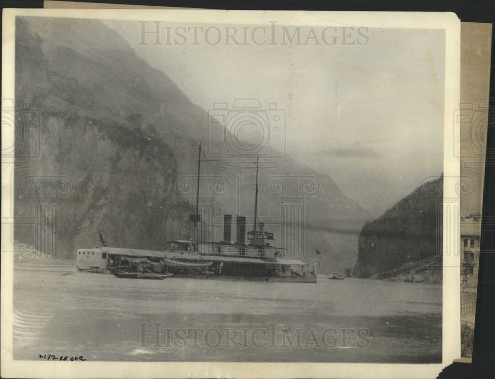 Press Photo Ship Sailing Between Mountains Foggy - Historic Images