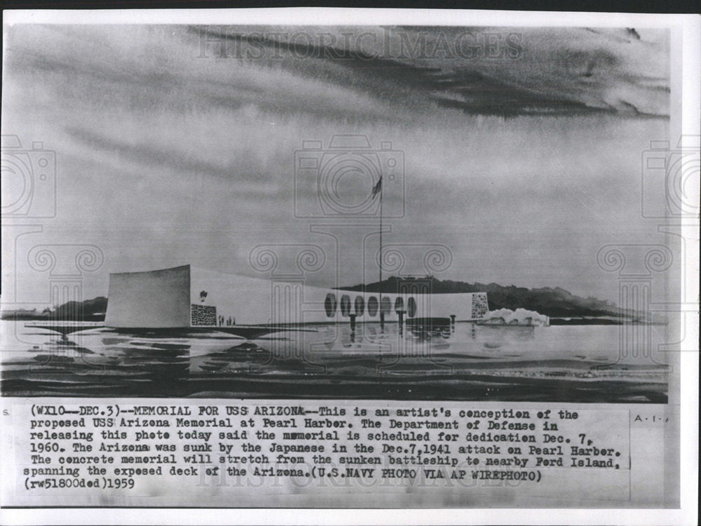 1959 Press Photo Artist Conception USS Arizona Memorial - Historic Images