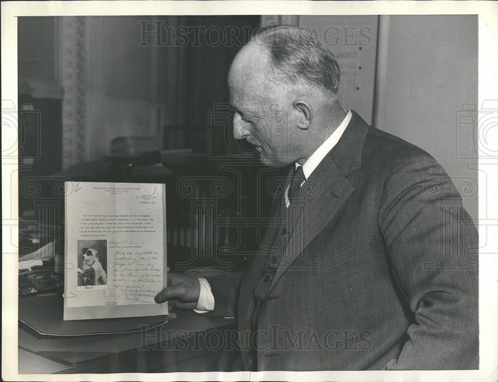 1934 Press Photo Walter Foote Examines Dog&#39;s Passport - Historic Images