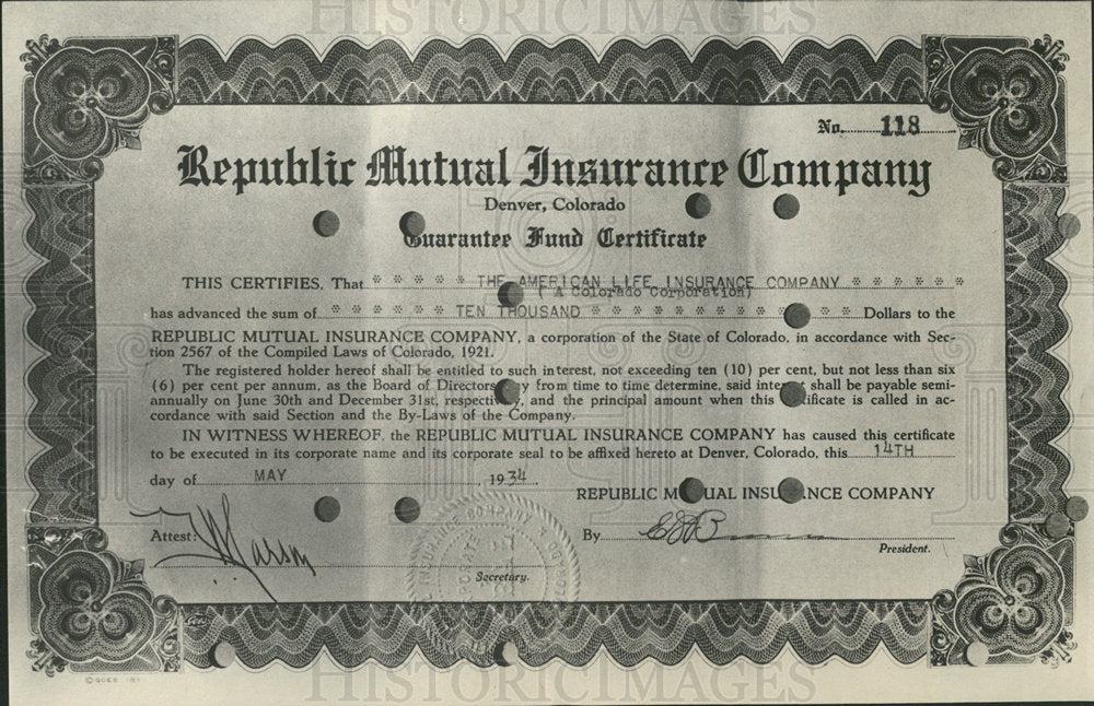 1934 Press Photo Republic Mutual Insurance Certificate - Historic Images