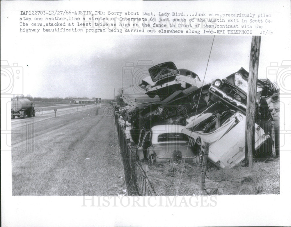 1966 Press Photo Junk Cars Piled Up at Junk Yard - Historic Images