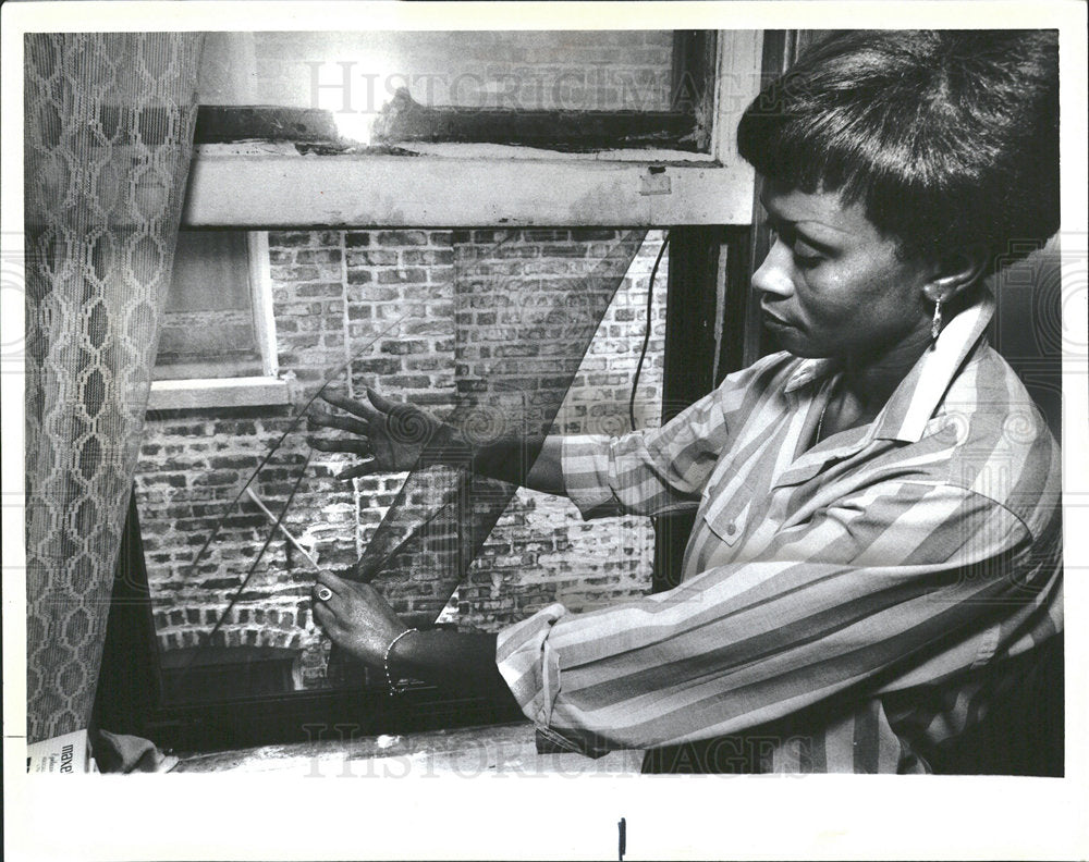 1985 Press Photo Anne Joy Evans Displays Shoddy Work - Historic Images