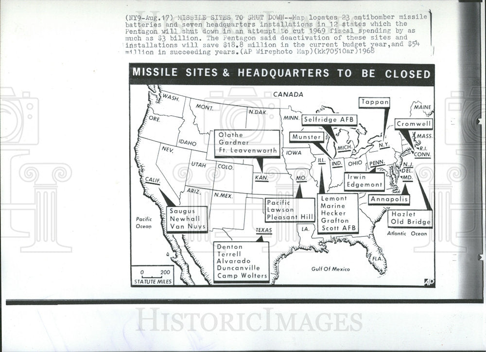 1968 Press Photo Map Locates 23 Antibomber Missiles - Historic Images