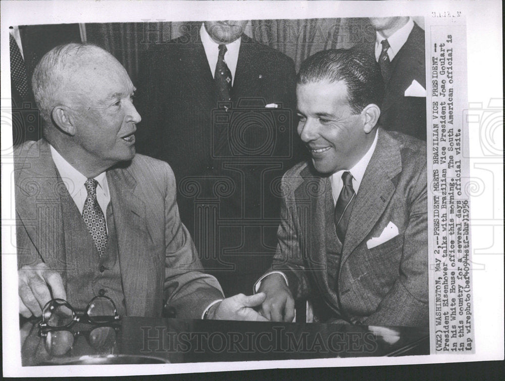 1956 Press Photo President Eisenhower and Goulart Talk - Historic Images