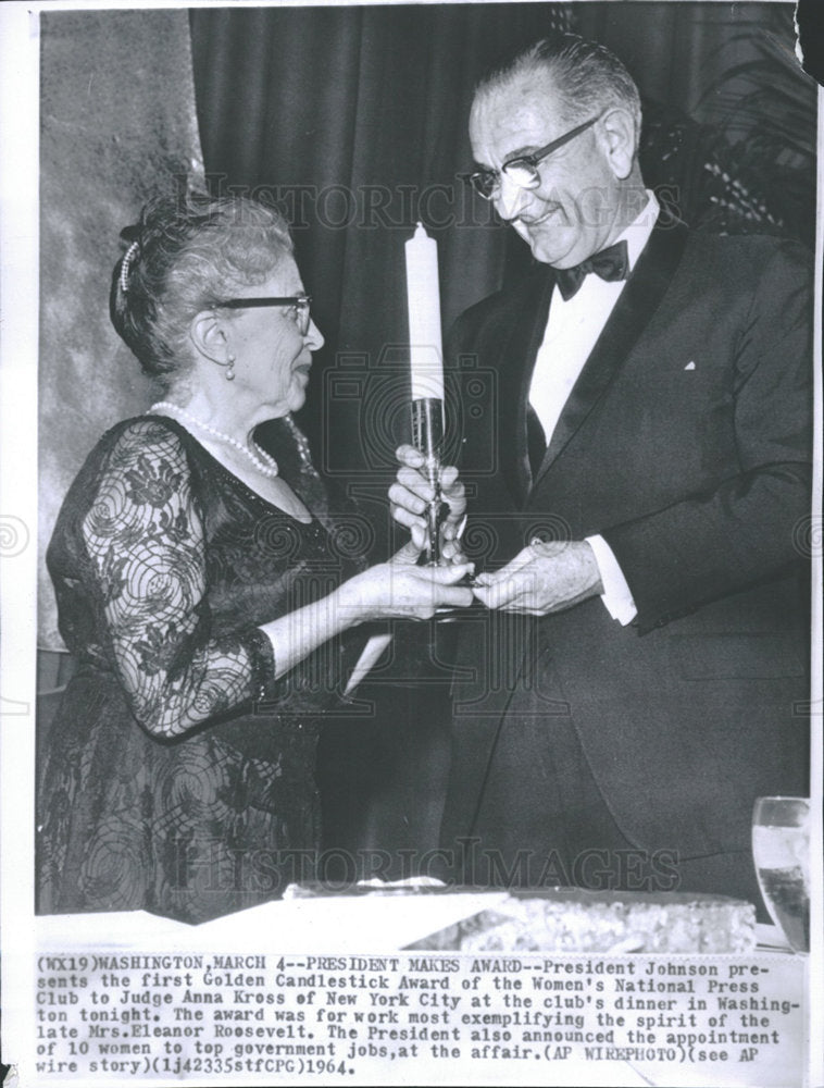 1964 Press Photo President Johnson Judge Anna Kross - Historic Images