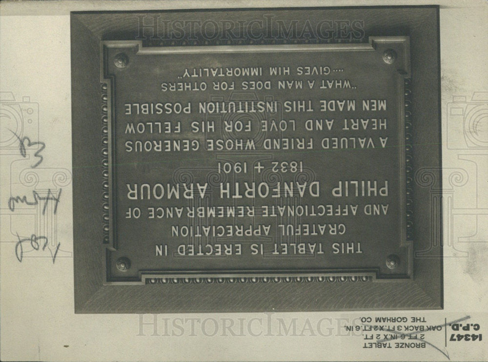 1914 Press Photo Philip Danforth Armour Bronze Tablet - Historic Images