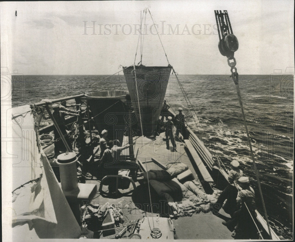 1959 Press Photo Nose Cone Hoisted Aboard Kiowa Ship - Historic Images