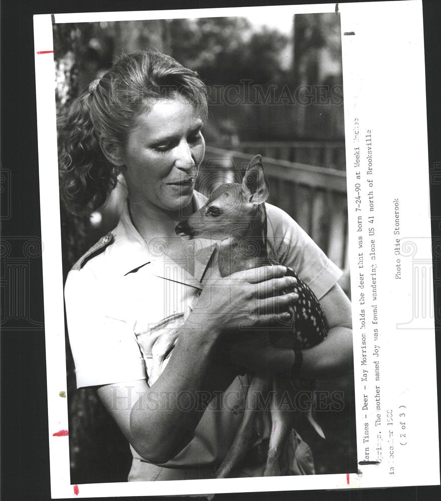 1990 Press Photo Kay Morrison Holds deer Born Weeki Wac - Historic Images