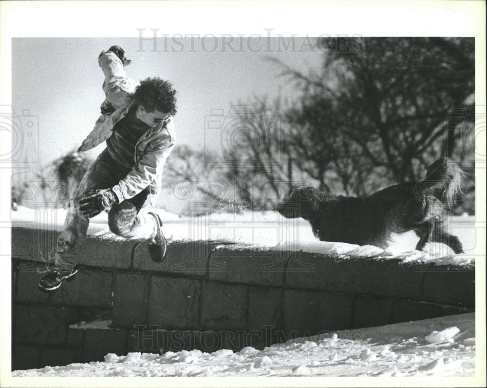 1990 Press Photo Brookline Boy Playing With Dog Snow - Historic Images
