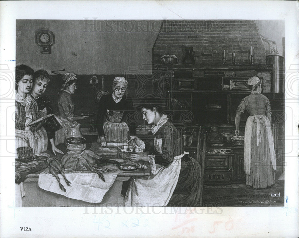 1967 Press Photo Sketch of women working in old kitchen - Historic Images