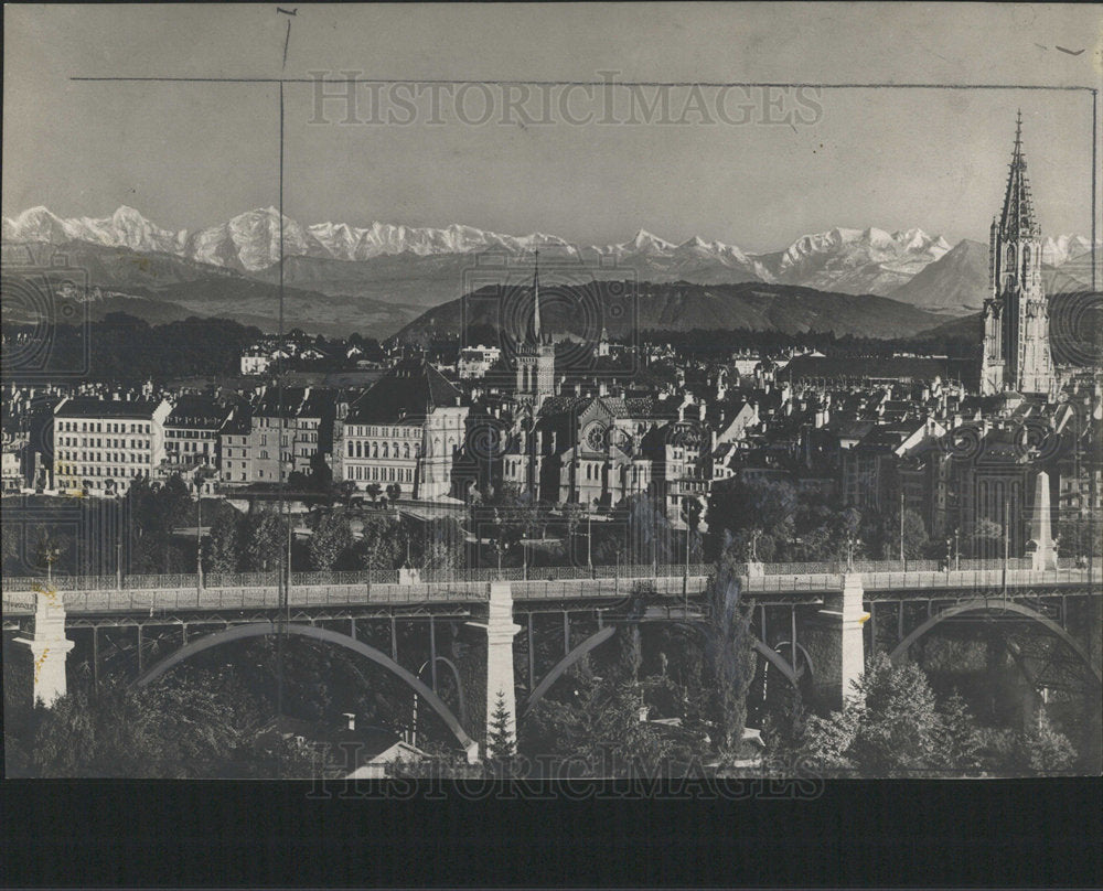 Press Photo Bernese Alps bridge buildings landmark view - Historic Images
