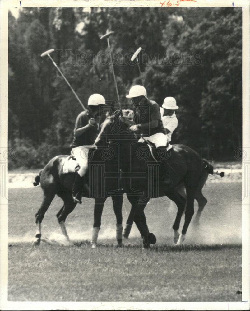 Press Photo two men ride horses play polo - Historic Images