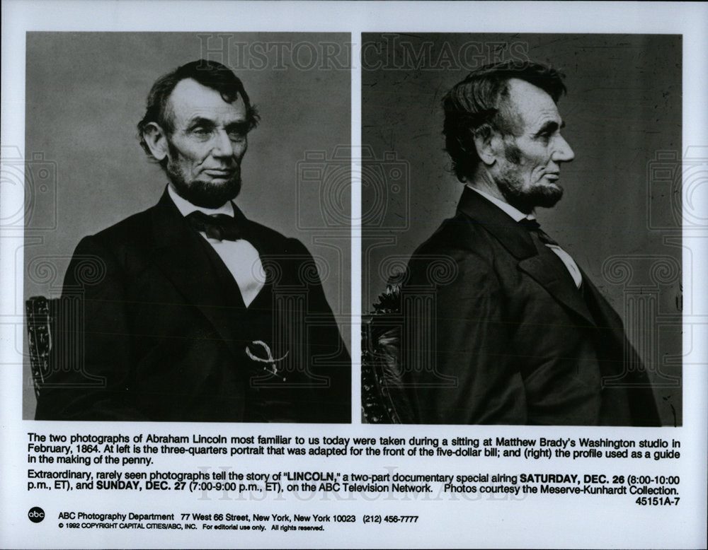 1993 Press Photo Copy Of Two Most Famous Lincoln Images - Historic Images