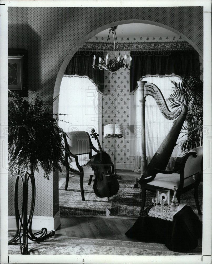 1988 Press Photo Velvet Valance Gold Harp Decor Design - Historic Images