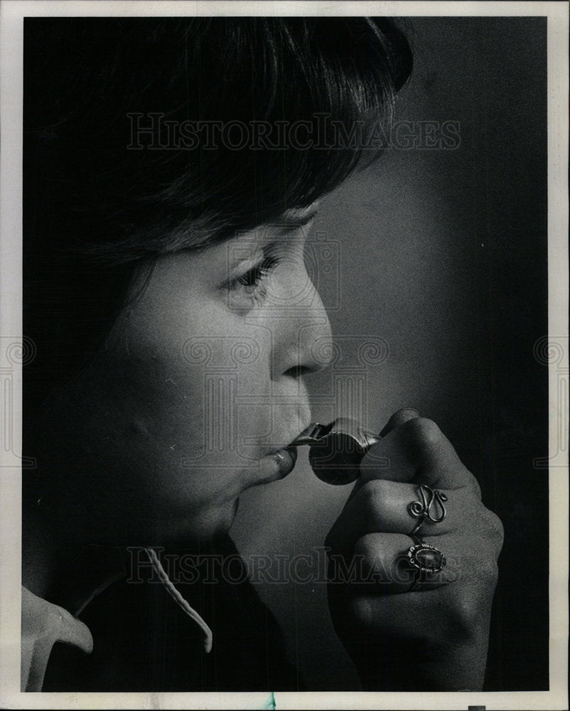 1975 Press Photo Woman Blowing Protective Whistle - Historic Images