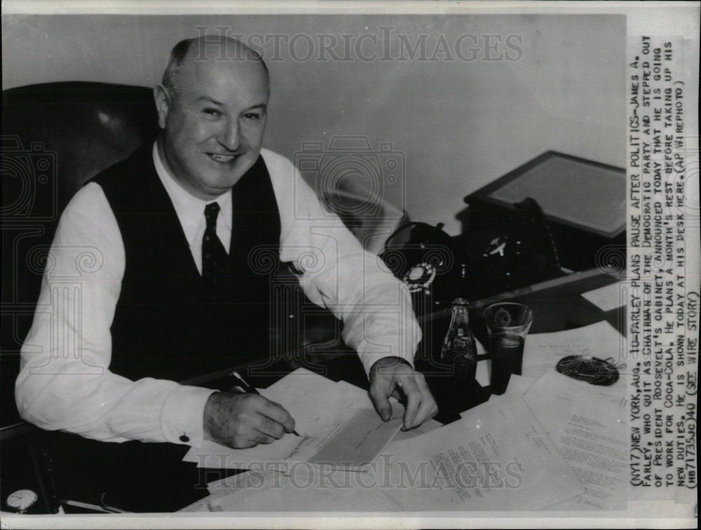 1940 Press Photo James Farley President Roosevelt duty  - Historic Images