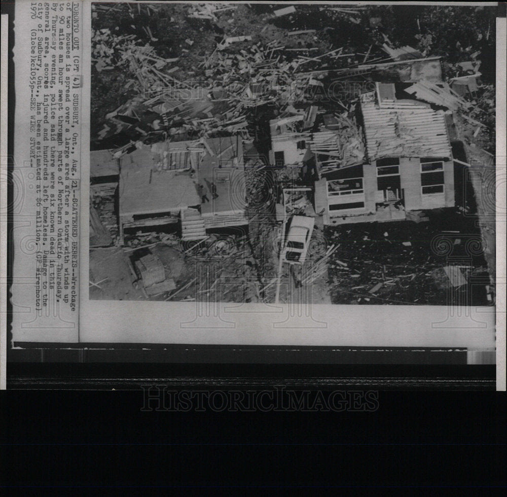 1970 Press Photo Wreckage Sudbury winds swept Damage - Historic Images