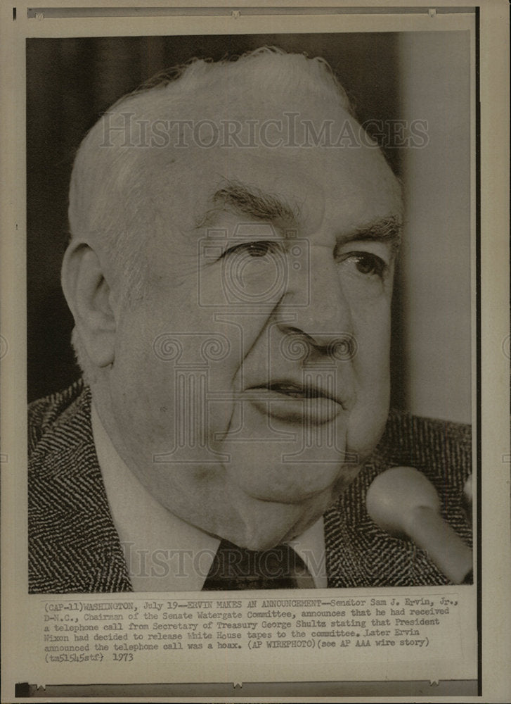 1973 Press Photo Senator Ervin Watergate Phone Call - Historic Images