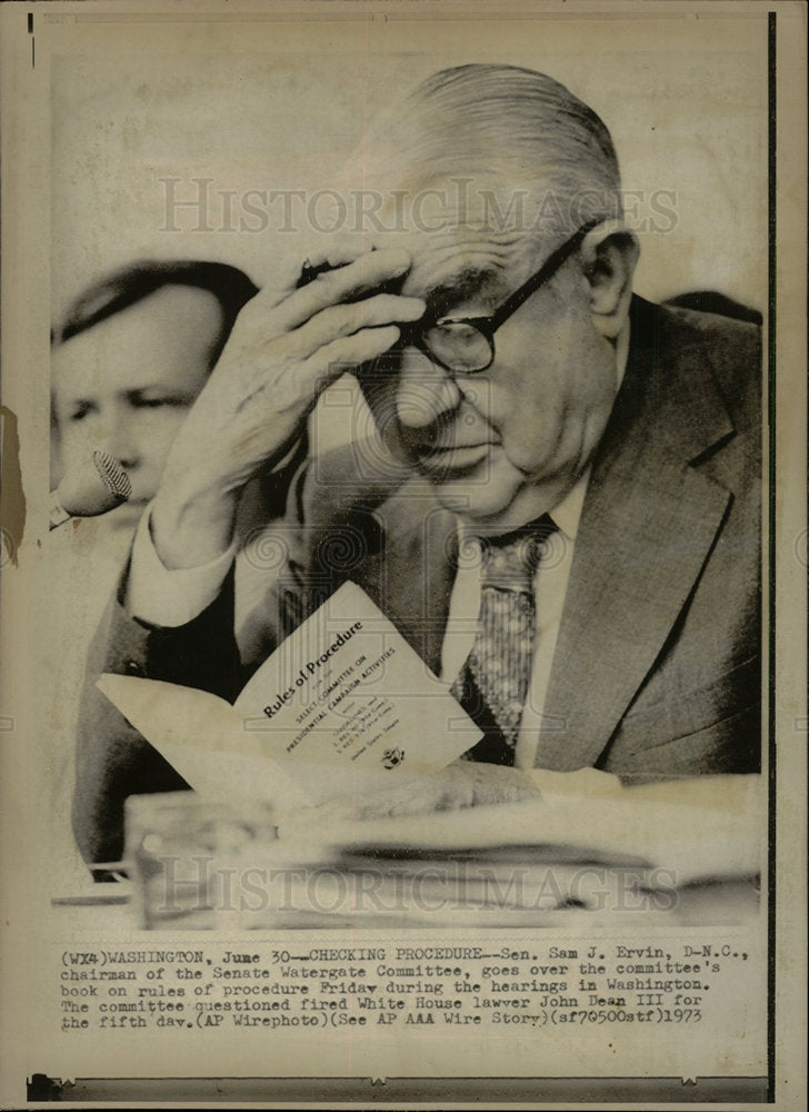 1973 Press Photo Watergate Sen Sam Ervin Democrat NC - Historic Images