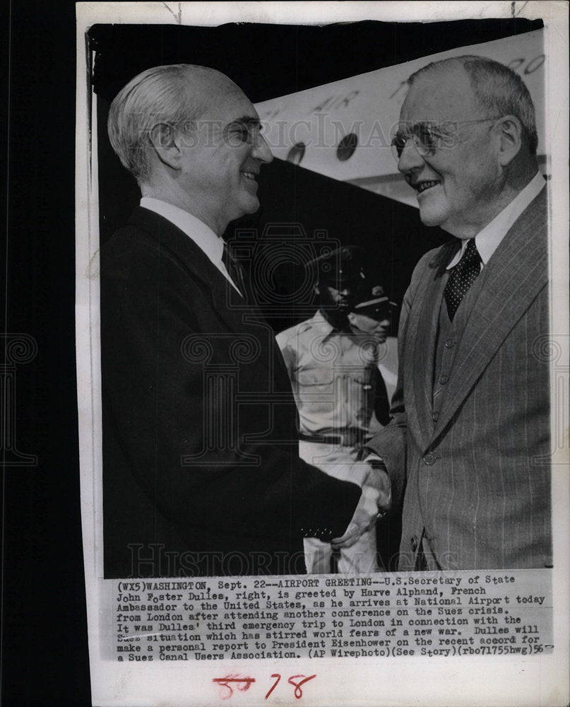 1956 Press Photo John Foster Dulles Suez Alphand - Historic Images