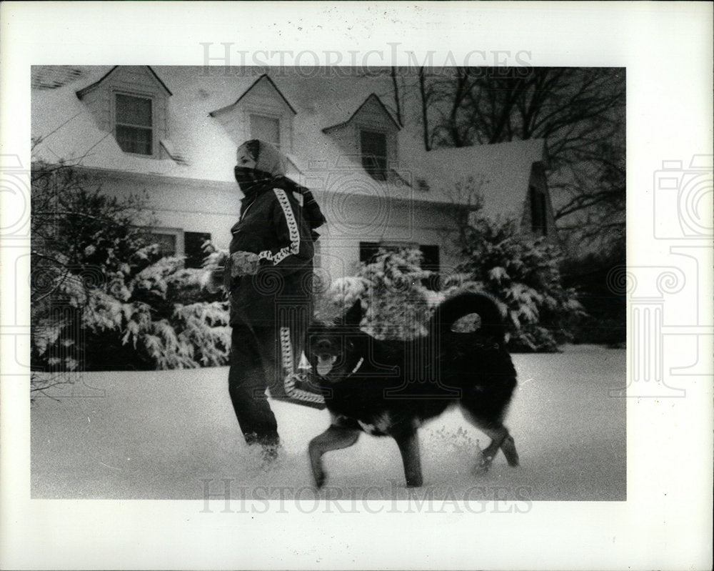1980 Press Photo Michigan Lady Jogging Snow fall Dog - Historic Images
