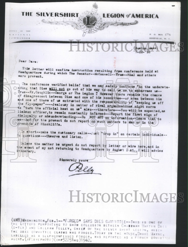 1940 LETTERS PURFORTING SHOW COLLUSION CHAR - Historic Images