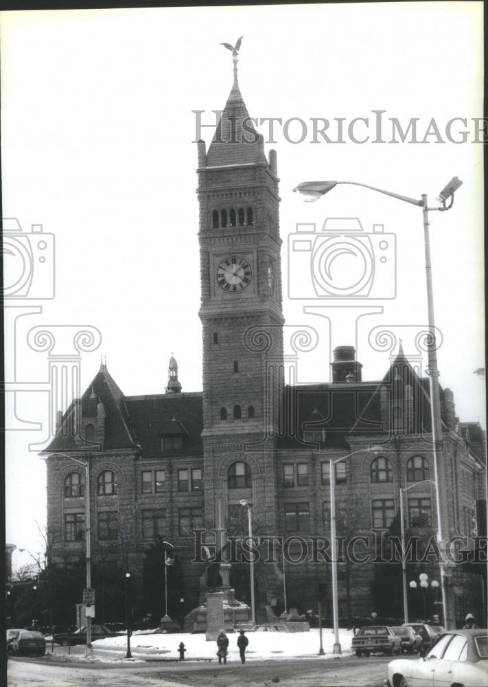 1985 City Hall center building clock tower - Historic Images