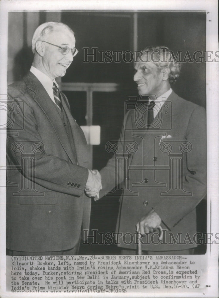 1956 Press Photo Ellsworth bunker President Eisenhower- RSA21617 - Historic Images