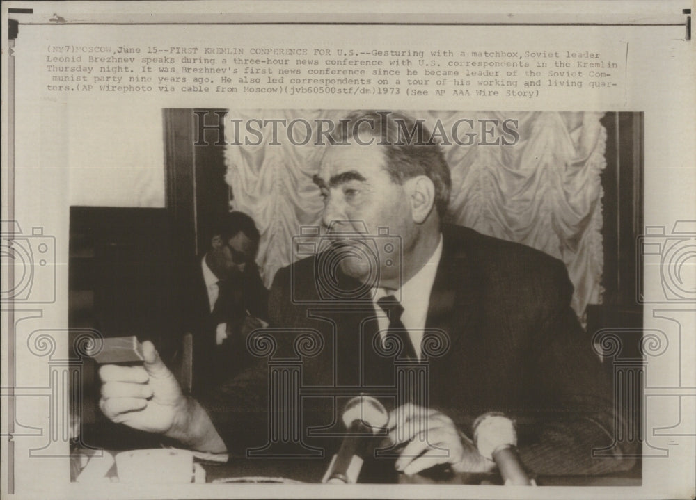 1973, Soviet leader Leonid Brezhnev matchbox- RSA29893 - Historic Images