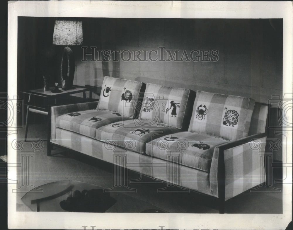 1956 Press Photo Down Cushions Linen Zodiac Pattern Woo- RSA39559 - Historic Images