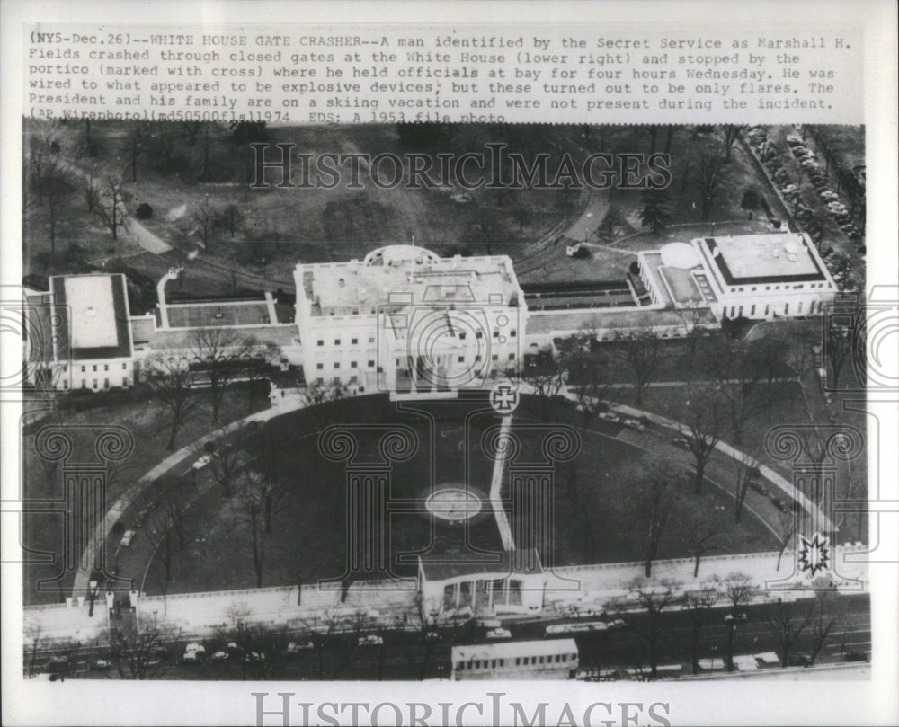 1974 Marshall Fields crashes gate at White - Historic Images