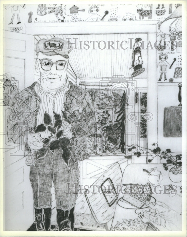 1985 Artist Elizabeth Layton Drawing Glass - Historic Images