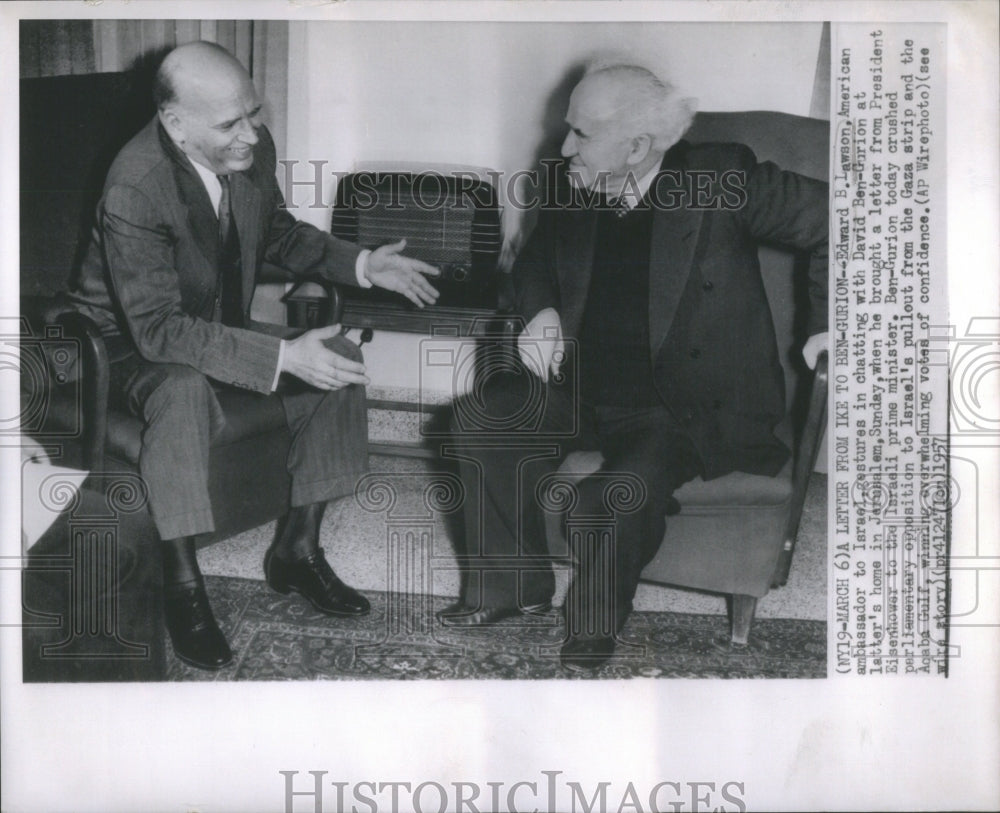 1957 Press Photo Edward Lawson Gurion ambassador Israel- RSA49319- Historic Images