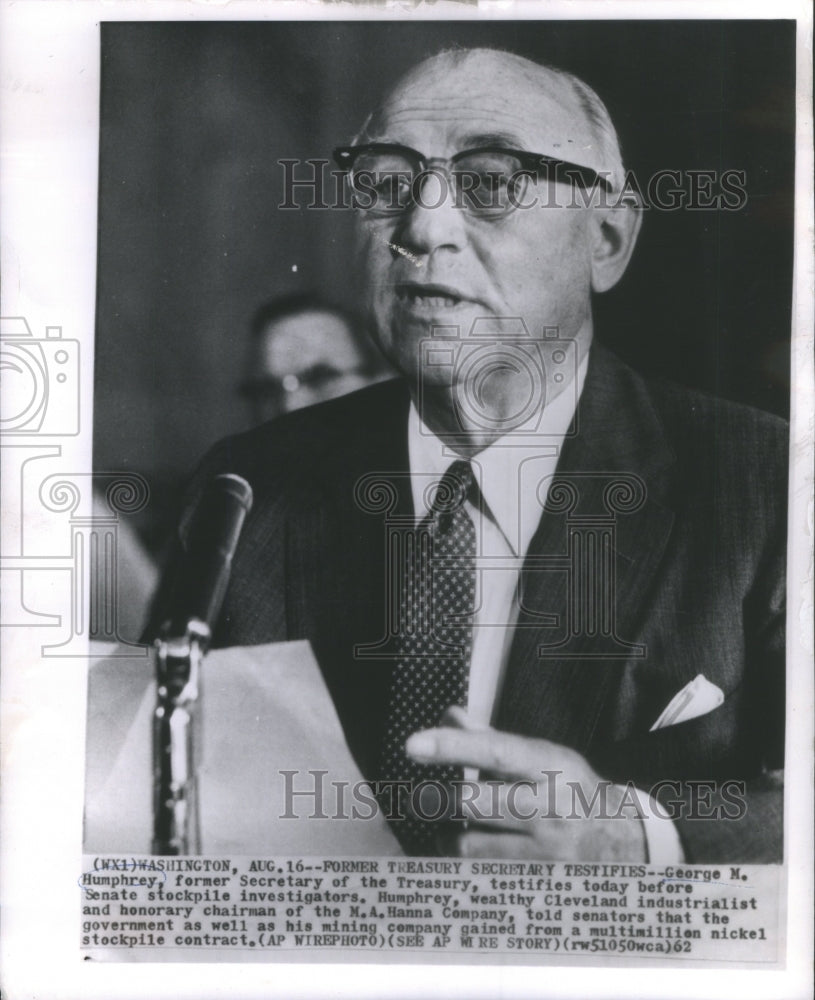 1962 Press Photo George M. Humphrey Secretary Of Treasury Stockpile Hearing - Historic Images