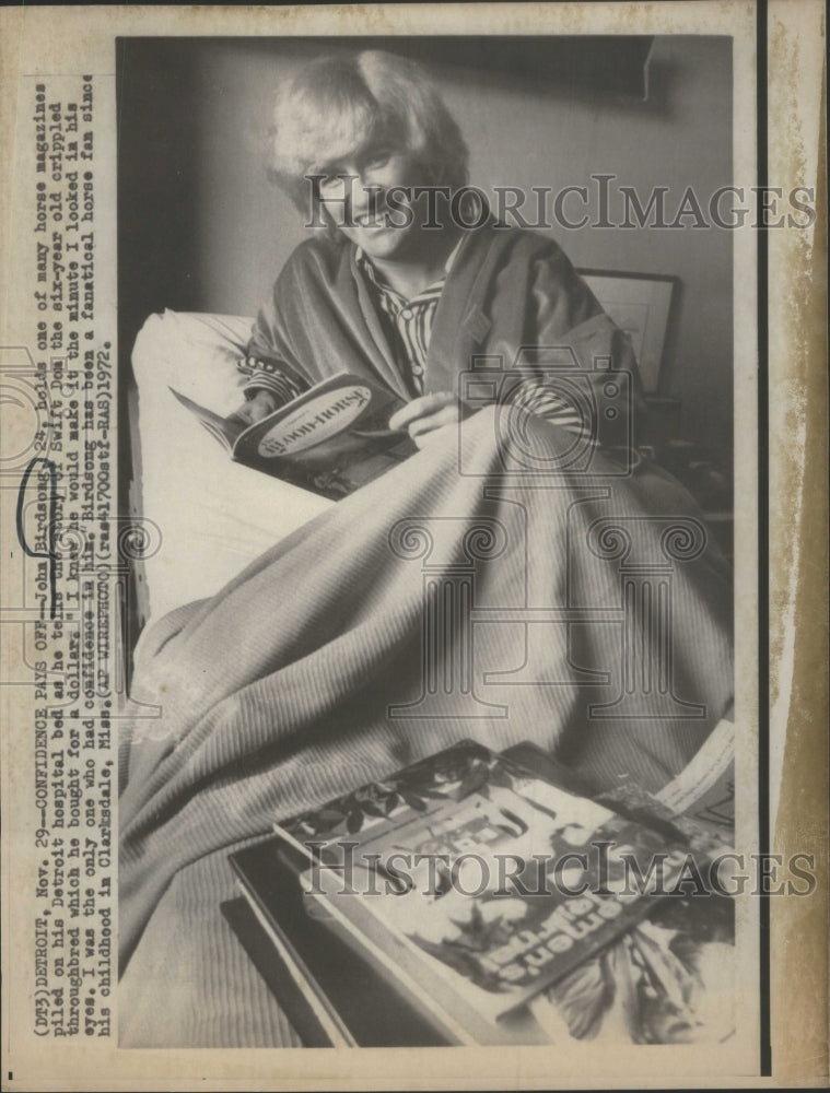1972 John Birdsong Horse Owner in Hospital Bed with Horse Magazines - Historic Images