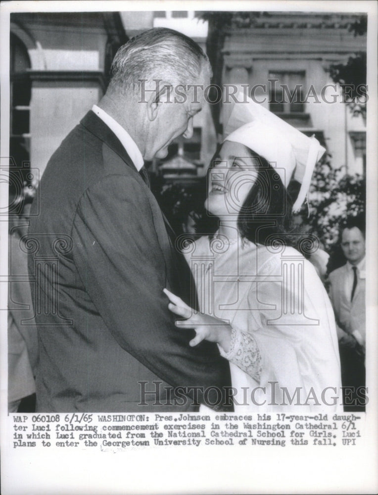 1965 President Johnson Embraces Daughter Luci  Washington Cathedral - Historic Images