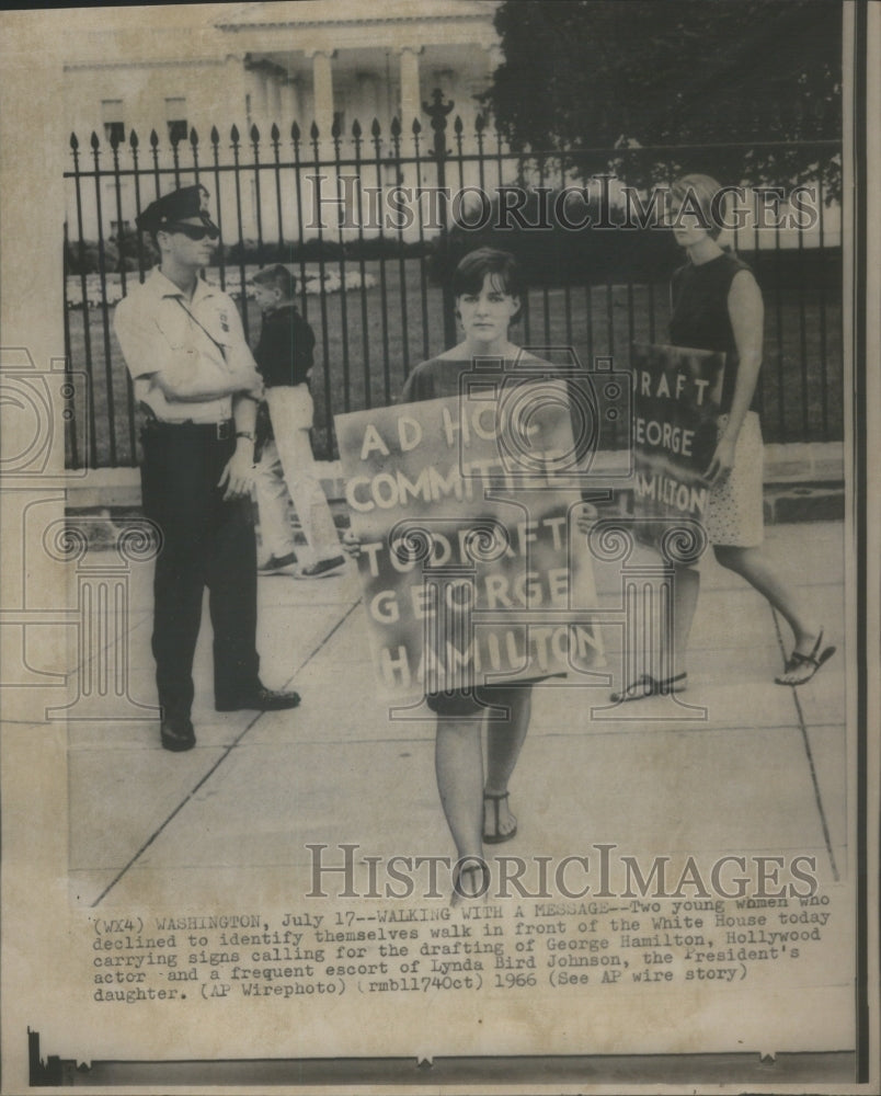 1966 Two Young women Walk In Front White House Carry Sign George - Historic Images