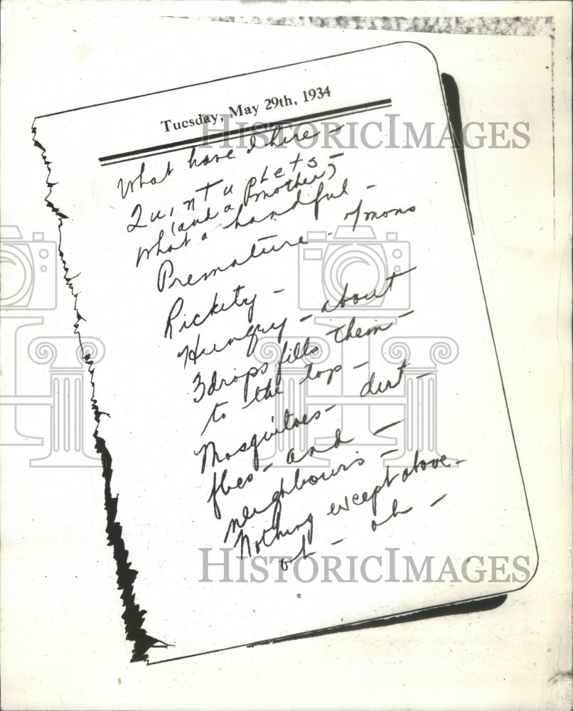 1937 Page From Nurse Leroux' Diary - Historic Images