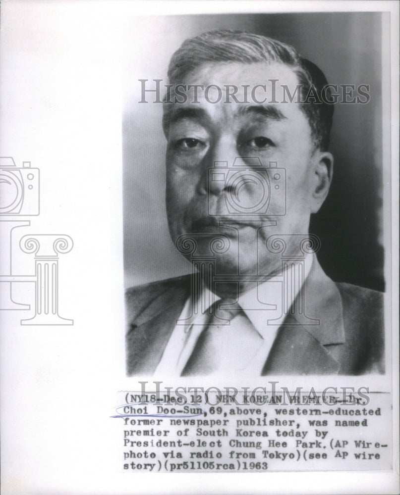 1963 Dr. Choi Doo-Sun Newspaper Publisher Premier of South Korea-Historic Images