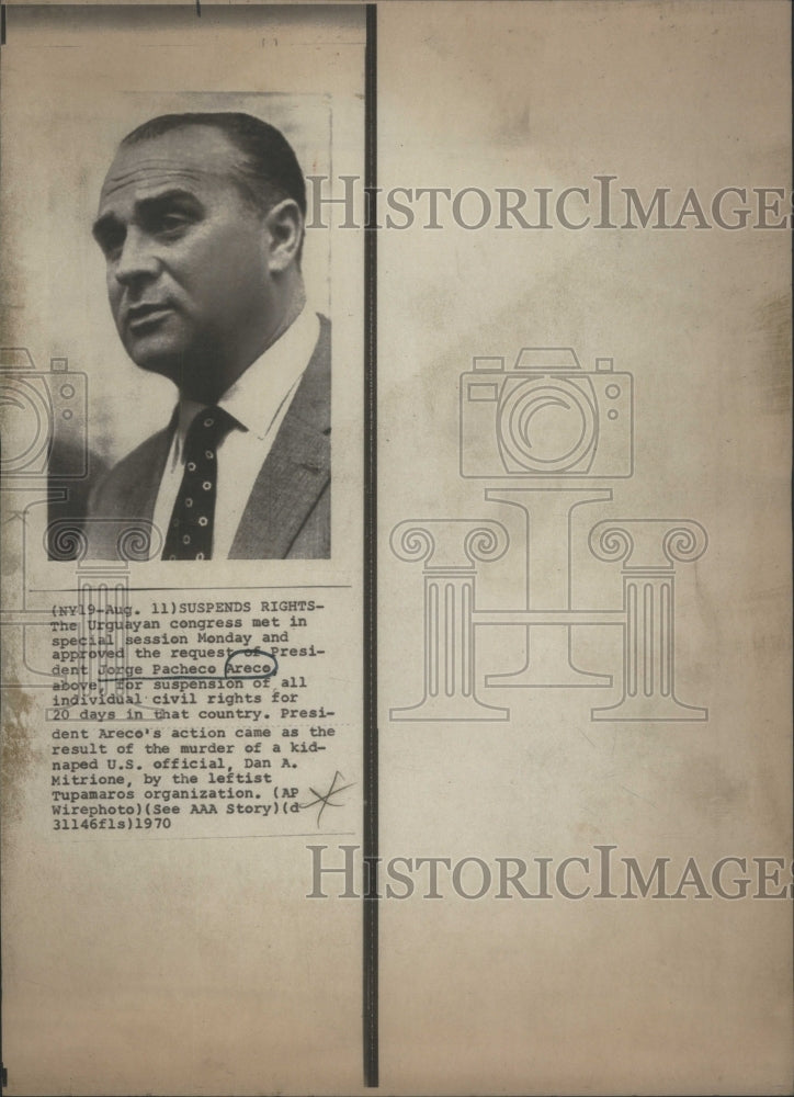 1970 Press Photo Jorge Pacheco Areco Uruguay President- RSA70581 - Historic Images