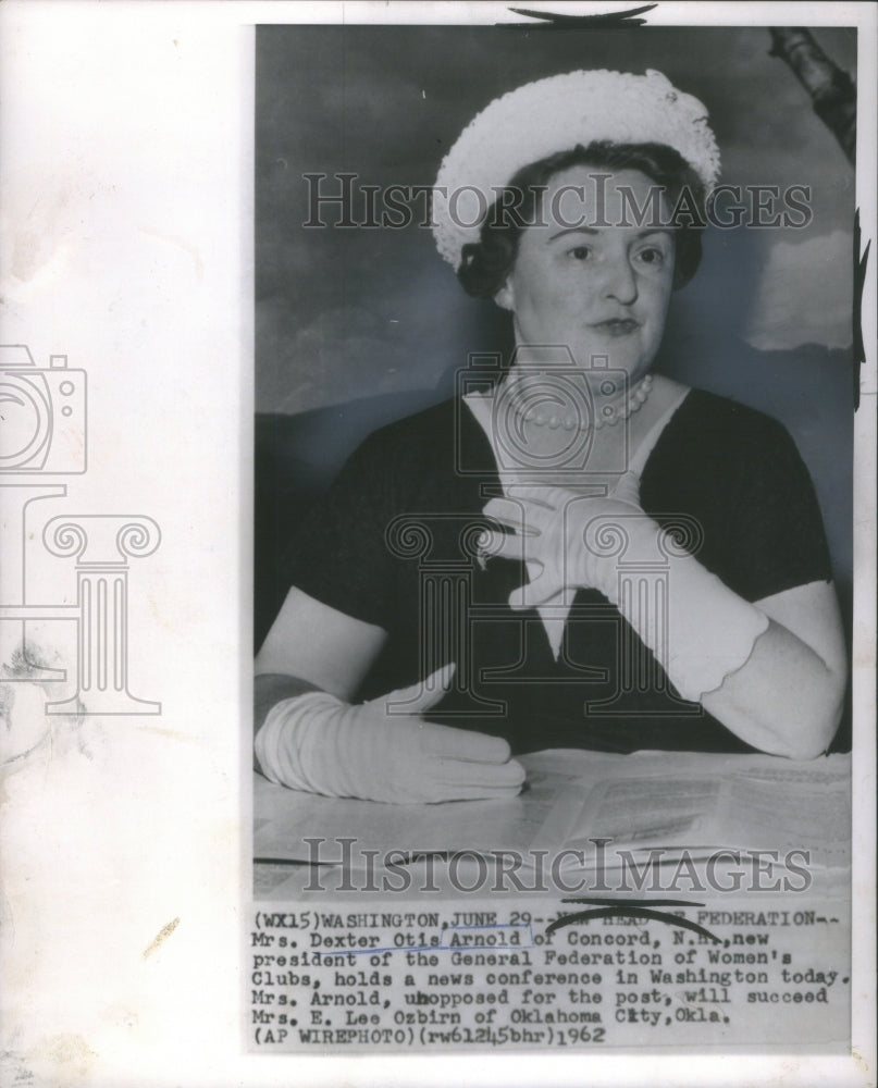 1962 Press Photo Mrs Dexter Otis Arnold of Concord, N.H. new pres. of Gen. Fed. - Historic Images