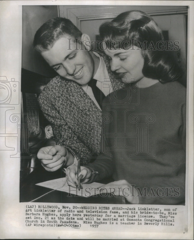 1957 Press Photo Jack Linkletter Art Linkletter radio fame Barbara Hughes bride - Historic Images