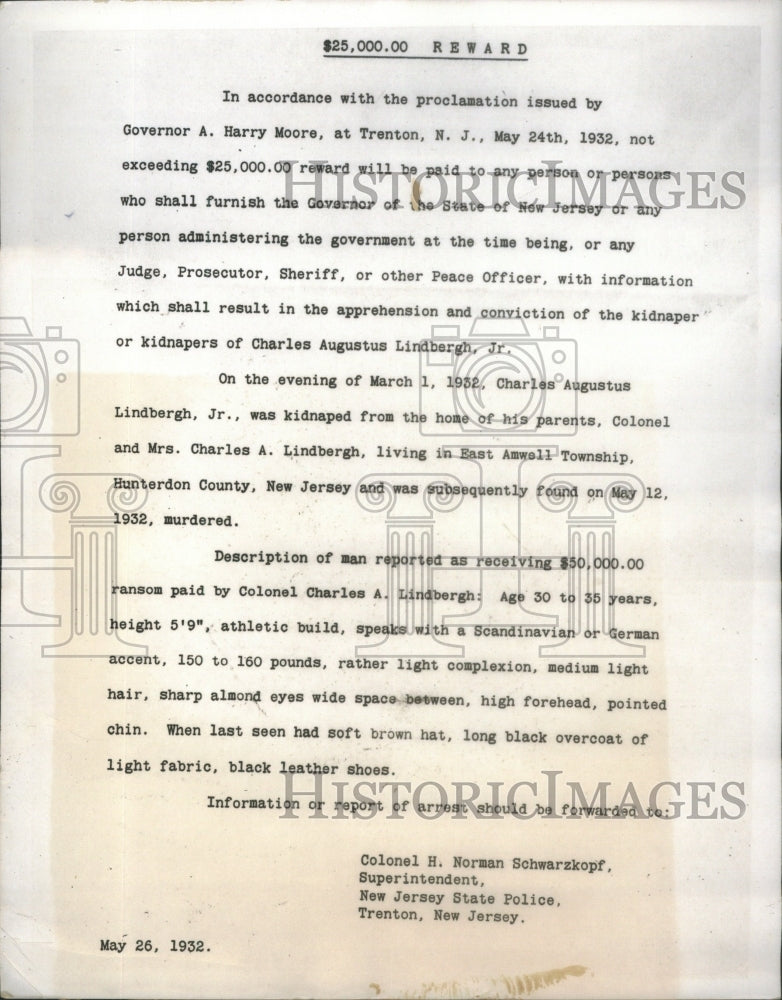 1932 Governor Harry Moore Trenton Reward Paid May New York - Historic Images