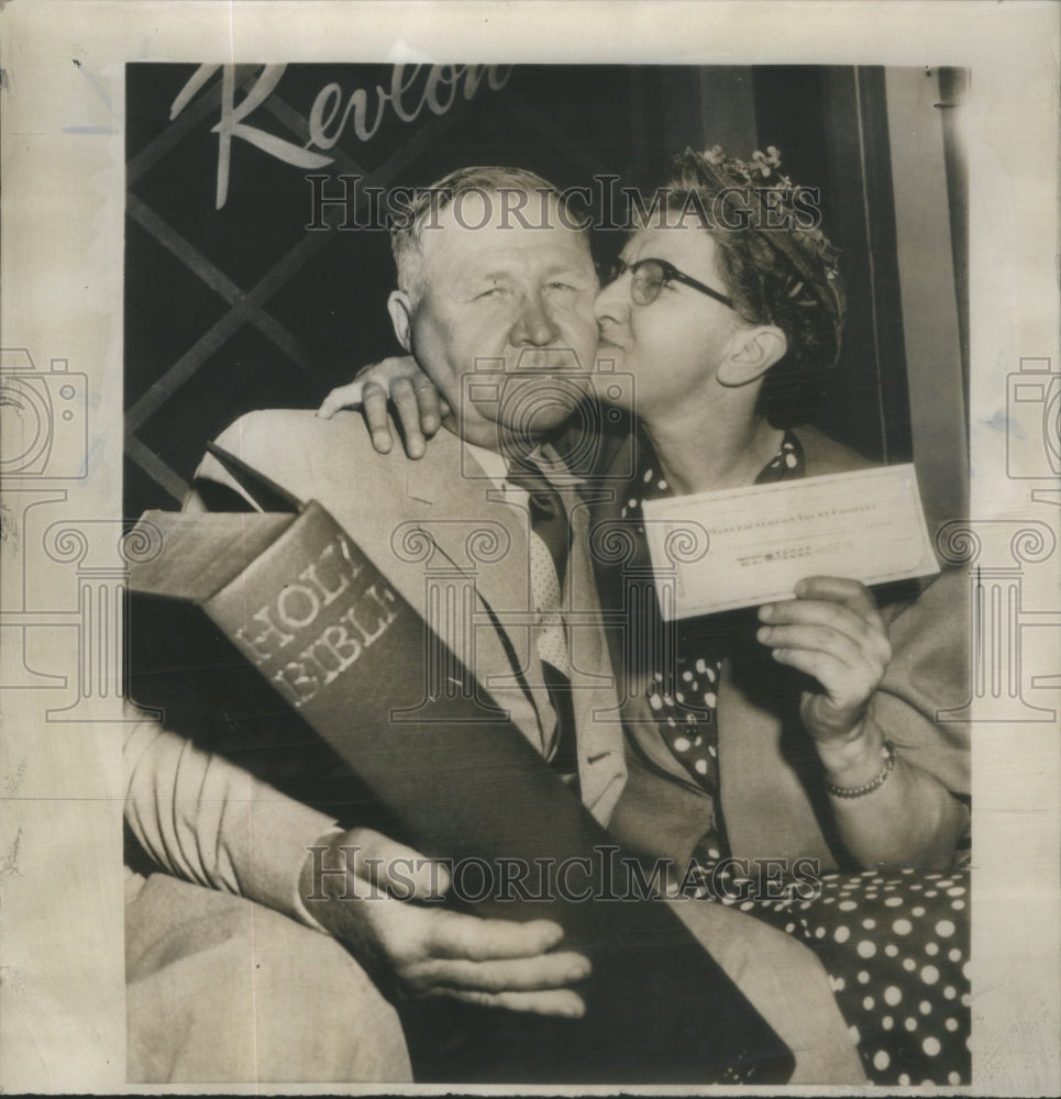 1955 James Holds Huge Bible and Mrs. Catherine Kreitzer - Historic Images