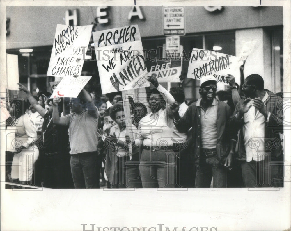 1985, marchers police headquarters support David Johnson homicide - Historic Images