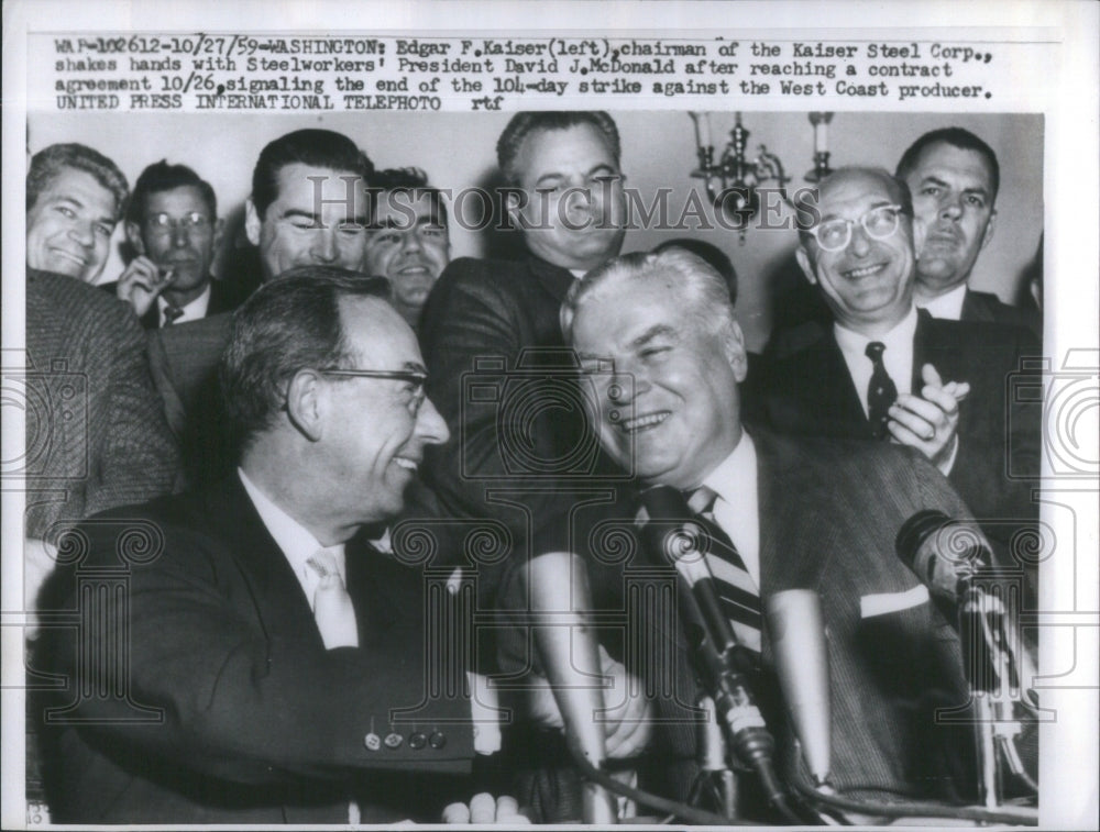 1959 Press Photo Kaiser Steel Corp. Pres. Edgar F. Kaiser & David J. McDonald - Historic Images