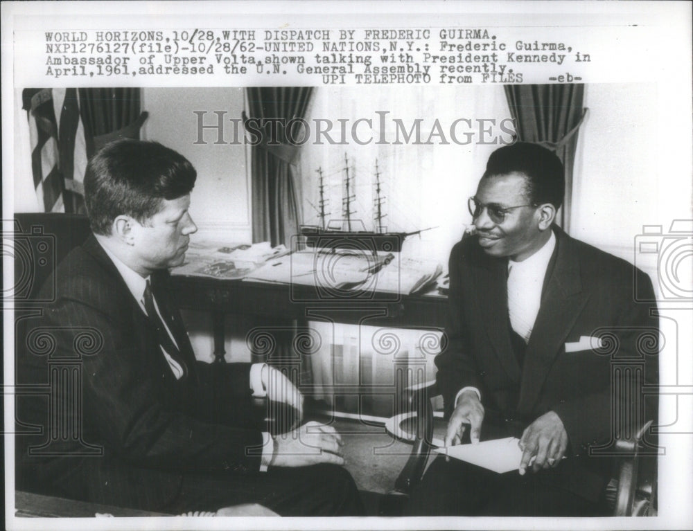 1962 Press Photo Frederic Guima Upper Volta ambassador President Kennedy talks - Historic Images