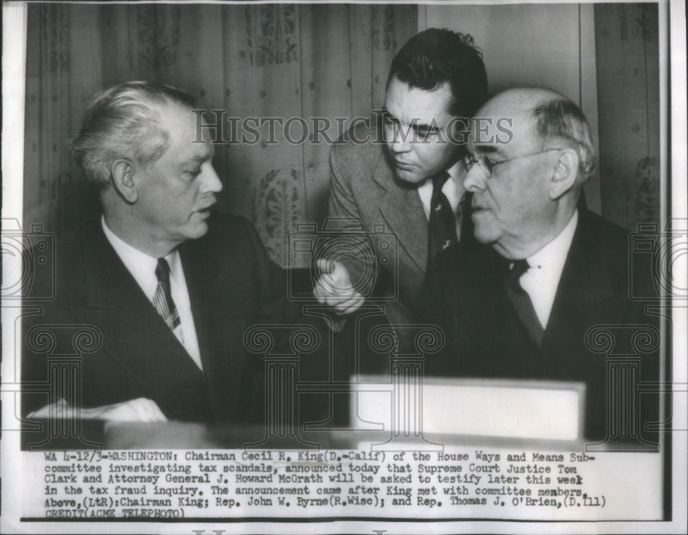 1957 Press Photo Chairman Cecil King House Ways tax scandals investigates court - Historic Images