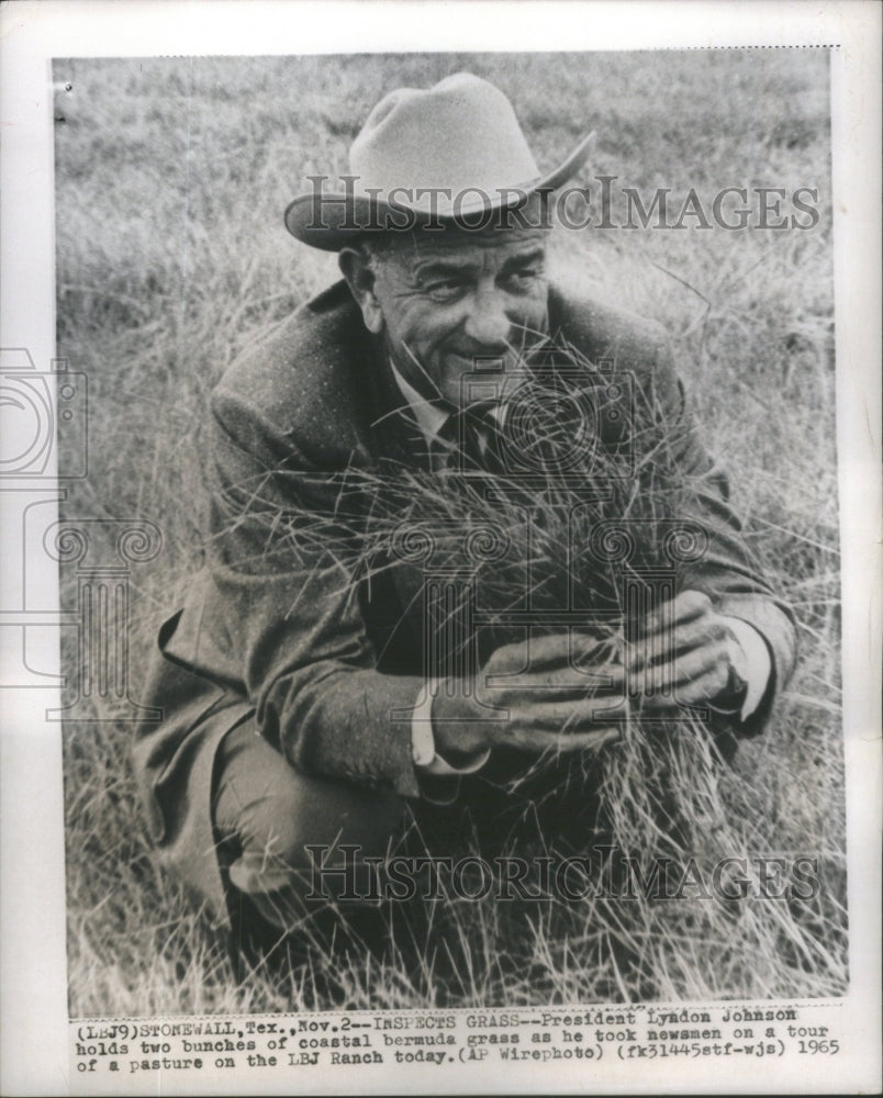 1965 Pres.Lyndon Johnson inspects grass. - Historic Images